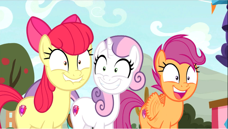 Size: 1374x775 | Tagged: safe, derpibooru import, screencap, apple bloom, scootaloo, sweetie belle, earth pony, pegasus, pony, unicorn, growing up is hard to do, adorabloom, bow, cropped, cute, cutealoo, cutie mark, cutie mark crusaders, diasweetes, excited, female, hair bow, lip bite, mare, older, older apple bloom, older cmc, older scootaloo, older sweetie belle, open mouth, shrunken pupils, smiling, teeth, the cmc's cutie marks, trio, wide eyes