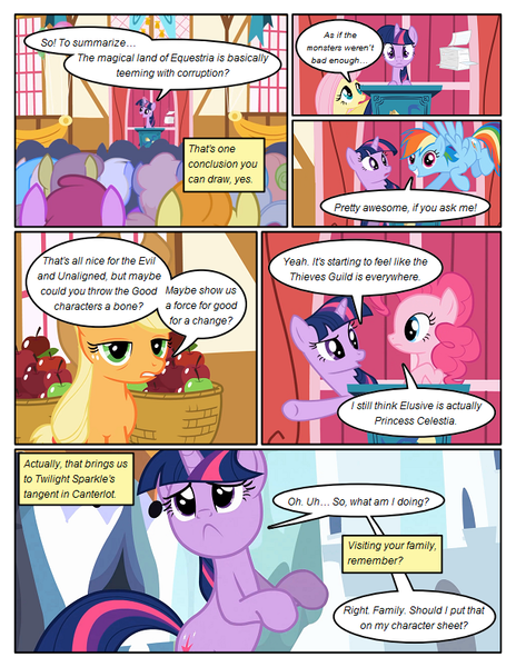 Size: 612x792 | Tagged: safe, artist:newbiespud, derpibooru import, edit, edited screencap, screencap, applejack, berry punch, berryshine, carrot top, fluttershy, golden harvest, pinkie pie, rainbow dash, twilight sparkle, earth pony, pegasus, pony, unicorn, comic:friendship is dragons, apple, background pony, background pony audience, bags under eyes, basket, comic, dialogue, female, flying, food, frown, glowing horn, grin, horn, magic, mare, rearing, saddle basket, screencap comic, smiling, telekinesis, unicorn twilight