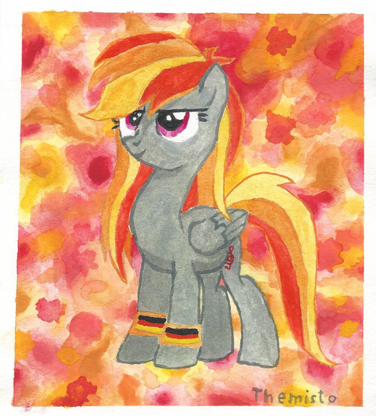 Size: 1242x1372 | Tagged: safe, artist:themisto97, derpibooru import, oc, oc:tridashie, ponified, human, pegasus, pony, fanart, germany, human hair, recolor, traditional art, watercolor painting