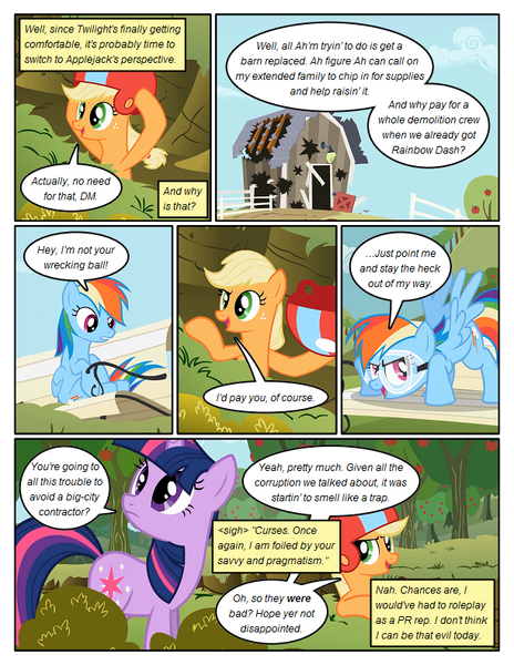 Size: 612x792 | Tagged: safe, artist:newbiespud, derpibooru import, edit, edited screencap, screencap, applejack, rainbow dash, twilight sparkle, earth pony, pegasus, pony, unicorn, comic:friendship is dragons, lesson zero, apple, apple tree, barn, bench, comic, dialogue, face down ass up, female, food, freckles, goggles, helmet, hooves, horn, looking up, mare, open mouth, screencap comic, sweet apple acres, tree, unicorn twilight, wings