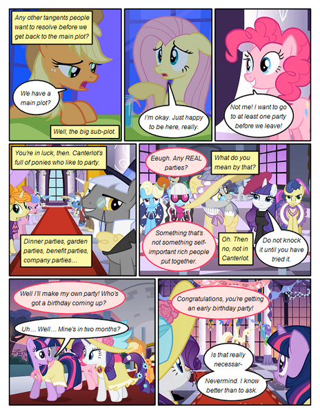 Size: 612x792 | Tagged: safe, artist:newbiespud, derpibooru import, edit, edited screencap, screencap, applejack, fluttershy, photo finish, pinkie pie, rarity, twilight sparkle, earth pony, pegasus, pony, unicorn, comic:friendship is dragons, background pony, background pony audience, beatnik rarity, beret, clothes, comic, dialogue, dress, female, freckles, grin, hat, jewelry, male, mare, monocle, necklace, pearl necklace, sad, screencap comic, smiling, stallion, sun hat, sunglasses, sweater, top hat, unamused, unicorn twilight