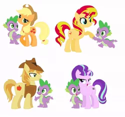 Size: 922x866 | Tagged: editor needed, safe, derpibooru import, edit, applejack, braeburn, spike, starlight glimmer, sunset shimmer, dragon, earth pony, pony, unicorn, applespike, bedroom eyes, bisexual, everypony's gay for braeburn, female, gay, hat, interspecies, lucky bastard, male, mare, raised hoof, s5 starlight, shipping, simple background, sparlight, spike gets all the mares, spike gets all the stallions, spikeburn, stallion, stock vector, straight, sunsetspike, white background