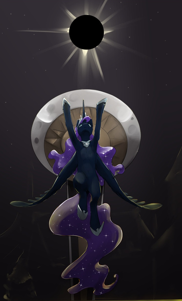 Size: 737x1219 | Tagged: safe, artist:silfoe, derpibooru import, nightmare moon, alicorn, pony, moonsetmlp, alternate universe, cropped, eclipse, female, flying, mare, solar eclipse