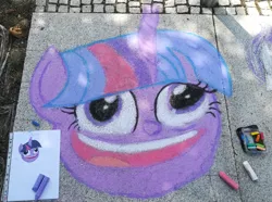 Size: 3256x2424 | Tagged: safe, artist:themisto97, derpibooru import, twilight sparkle, twilight sparkle (alicorn), alicorn, pony, best gift ever, caption, chalk, chalk drawing, derp, face, faic, food, galacon, galacon 2019, hearts warming eve, image macro, pudding, pudding face, solo, street art, text, traditional art