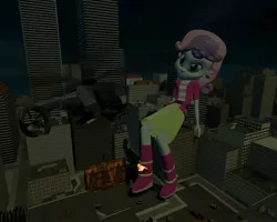 Size: 1280x1024 | Tagged: semi-grimdark, artist:definitelynotme, derpibooru import, sweetie belle, equestria girls, 3d, annoyed, boots, city, clothes, destruction, explosion, female, giantess, gmod, helicopter, macro, shoes, skirt, solo, sweetie belle is not amused, tank (vehicle), unamused, why