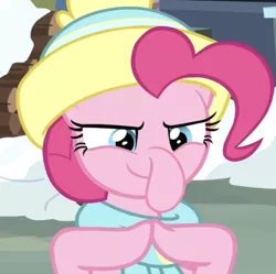 Size: 702x699 | Tagged: editor needed, safe, derpibooru import, edit, edited screencap, screencap, pinkie pie, earth pony, pony, best gift ever, cropped, cursed, cursed image, cute, diapinkes, female, hat, mare, pinkie being pinkie, silly, solo, spongebob squarepants, squidward nose, wat