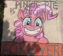 Size: 2736x2404 | Tagged: safe, artist:themisto97, derpibooru import, pinkie pie, earth pony, pony, fallout equestria, caption, chalk, chalk drawing, forever, galacon, galacon 2019, image macro, ministry mares, ministry of morale, pinkamena diane pie, pinkie pie is watching you, smiling, solo, street art, text, traditional art