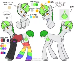 Size: 1754x1498 | Tagged: safe, artist:hellishprogrammer, derpibooru import, oc, oc:starshine glow, unofficial characters only, pony, unicorn, bandaid, bedroom eyes, bisexual pride flag, bomber jacket, clothes, eyebrow piercing, glowing horn, horn, jacket, jewelry, male, necklace, piercing, pride, pride flag, rainbow socks, reference sheet, shirt, simple background, socks, solo, stallion, striped socks, t-shirt, tongue out, tongue piercing, torn ear, unshorn fetlocks, white background