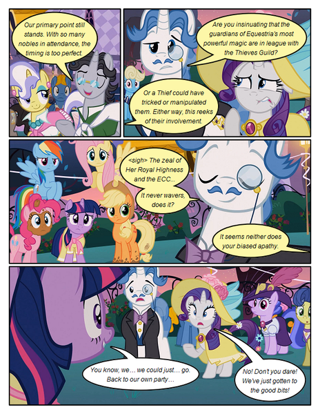 Size: 612x792 | Tagged: safe, artist:newbiespud, derpibooru import, edit, edited screencap, screencap, applejack, fluttershy, jet set, pinkie pie, rainbow dash, rarity, twilight sparkle, upper crust, bird, earth pony, pegasus, pony, unicorn, comic:friendship is dragons, background pony, cake, clothes, comic, dialogue, dress, eyes closed, female, flying, food, freckles, glasses, hat, jewelry, mane six, mare, messy eating, monocle, necklace, raised hoof, screencap comic, smiling, sun hat, tree, unicorn twilight