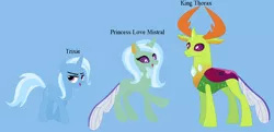 Size: 1420x686 | Tagged: artist:alyssadawnmyers, base used, blue background, changedling, changeling, changepony, derpibooru import, family, female, hybrid, interspecies offspring, king thorax, male, oc, oc:love mistral, offspring, parents:thoraxie, parent:thorax, parent:trixie, safe, shipping, simple background, straight, thorax, thoraxie, trixie