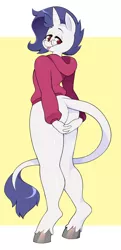 Size: 926x1920 | Tagged: suggestive, artist:norithecat, derpibooru import, oc, oc:yodi, unofficial characters only, anthro, unguligrade anthro, unicorn, bottomless, butt, clothes, glasses, hoodie, leonine tail, lidded eyes, male, partial nudity, plot, raspberry, solo, solo male, tongue out, unshorn fetlocks