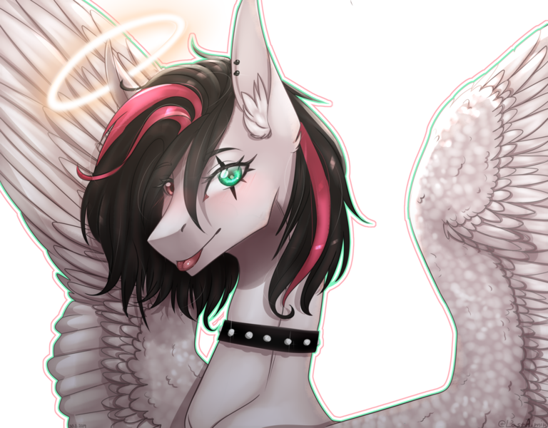 Size: 2560x2000 | Tagged: safe, artist:lastaimin, derpibooru import, oc, oc:emala jiss, pegasus, pony, bust, female, halo, heterochromia, mare, portrait, simple background, solo, transparent background