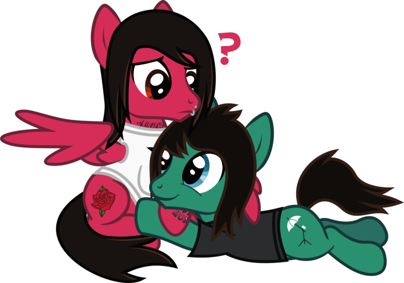 Size: 1738x1221 | Tagged: safe, artist:lightningbolt, derpibooru import, ponified, earth pony, pegasus, pony, .svg available, bring me the horizon, clothes, confused, duo, duo male, frown, happy, hug, lip piercing, looking at each other, male, mike fuentes, pierce the veil, piercing, prone, question mark, shirt, simple background, sitting, smiling, stallion, svg, t-shirt, tattoo, tom sykes, transparent background, vector, winghug, wings