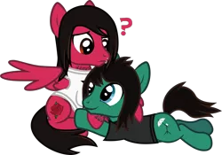 Size: 1738x1221 | Tagged: safe, artist:lightningbolt, derpibooru import, ponified, earth pony, pegasus, pony, .svg available, bring me the horizon, clothes, confused, duo, duo male, frown, happy, hug, lip piercing, looking at each other, male, mike fuentes, pierce the veil, piercing, prone, question mark, shirt, simple background, sitting, smiling, stallion, svg, t-shirt, tattoo, tom sykes, transparent background, vector, winghug, wings