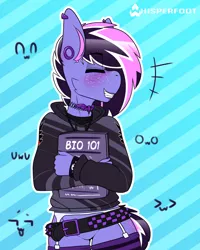 Size: 1280x1597 | Tagged: safe, artist:whisperfoot, derpibooru import, oc, oc:berry frost, unofficial characters only, anthro, bat, armband, belt, biology, black hair, blushing, book, bottomless, braces, bridge piercing, butt freckles, cheek fluff, choker, clothes, dyed hair, dyed mane, dyed tail, ear fluff, ear freckles, ear piercing, earring, eyebrow piercing, eyeliner, eyes closed, eyeshadow, featureless crotch, femboy, fingernails, freckles, garter belt, gauges, goth, gothic, grin, hand, hoodie, jewelry, lip piercing, lipstick, makeup, male, nail polish, nails, necklace, nwn, owo, partial nudity, piercing, pink hair, simple background, skull, smiling, socks, solo, striped background, striped socks, studded belt, textbook, thigh highs, uwu, younger