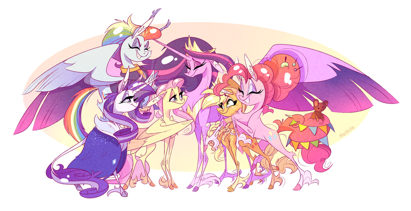 Size: 3871x1989 | Tagged: safe, artist:marbola, derpibooru import, applejack, fluttershy, pinkie pie, princess twilight 2.0, rainbow dash, rarity, twilight sparkle, twilight sparkle (alicorn), alicorn, earth pony, pegasus, pony, unicorn, the last problem, female, mane six, mare, older, older applejack, older fluttershy, older pinkie pie, older rainbow dash, older rarity, older twilight, skunk stripe, smiling