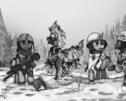 Size: 1500x1200 | Tagged: safe, artist:borsch-zebrovich, derpibooru import, oc, unofficial characters only, pony, unicorn, zebra, fallout equestria, fanfic, assault rifle, black and white, corpse, dead, death, eyes closed, fanfic art, female, floppy ears, forest, frozen, grayscale, gun, helmet, hooves, horn, male, mare, monochrome, open mouth, raised hoof, rifle, smoking, snow, spruce, stallion, weapon, zebra oc