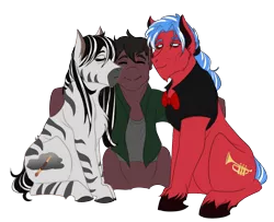 Size: 1600x1300 | Tagged: artist:anxiousshadowpetals, bowtie, clothes, derpibooru import, didgeridoo, elderly, family, fanfic:ponyville noire, father and child, father and son, female, hug, husband and wife, hybrid, interspecies offspring, kissing, kiss on the cheek, male, mother and child, mother and son, musical instrument, oc, oc:bobby baseline, oc:phillip finder, oc:rain rhythm, offspring, safe, smiling, trumpet, unofficial characters only, vest, zony