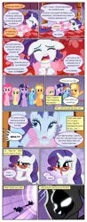 Size: 612x1556 | Tagged: safe, artist:newbiespud, derpibooru import, edit, edited screencap, screencap, applejack, fluttershy, pinkie pie, princess luna, rainbow dash, rarity, twilight sparkle, alicorn, earth pony, pegasus, pony, unicorn, comic:friendship is dragons, luna eclipsed, bed, chariot, cloak, clothes, comic, dialogue, flying, freckles, glasses, glowing eyes, grin, hat, looking up, mane six, mirror, on back, reflection, sad, screencap comic, smiling, thinking, unicorn twilight