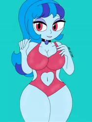 Size: 1932x2576 | Tagged: suggestive, artist:c_w, derpibooru import, sonata dusk, equestria girls, belly button, big breasts, breasts, busty sonata dusk, clothes, eyelashes, eyeshadow, hand on breasts, hand on chest, jewelry, looking at you, makeup, pendant, plump, ponytail, smiling, solo, swimsuit, thighs