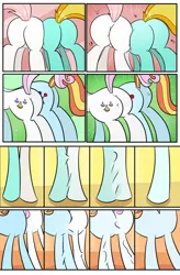 Size: 1800x2740 | Tagged: safe, artist:candyclumsy, author:bigonionbean, derpibooru import, fleur-de-lis, lightning dust, nurse redheart, sassy saddles, oc, oc:exquisite attire, earth pony, pegasus, pony, unicorn, comic:bad case of sunburn, comic:fusing the fusions, butt, butt expansion, comic, commissioner:bigonionbean, dat butt, dialogue, forced, fuse, fusion, fusion:exquisite attire, growth, hair bun, hospital, large butt, magic, meme, merge, merging, plot, random pony, surprised, swelling, thicc ass, uh oh, wide hips