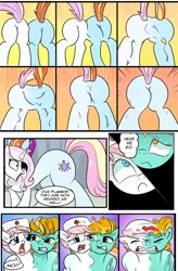 Size: 1800x2740 | Tagged: safe, artist:candyclumsy, author:bigonionbean, derpibooru import, fleur-de-lis, lightning dust, nurse redheart, sassy saddles, oc, oc:exquisite attire, earth pony, pegasus, pony, unicorn, comic:bad case of sunburn, comic:fusing the fusions, body horror, butt, comic, commissioner:bigonionbean, confusion, dat butt, dialogue, forced, fuse, fusion, fusion:exquisite attire, hat, hospital, large butt, magic, meme, merge, merging, nurse hat, plot, sunburn, swelling, thicc ass