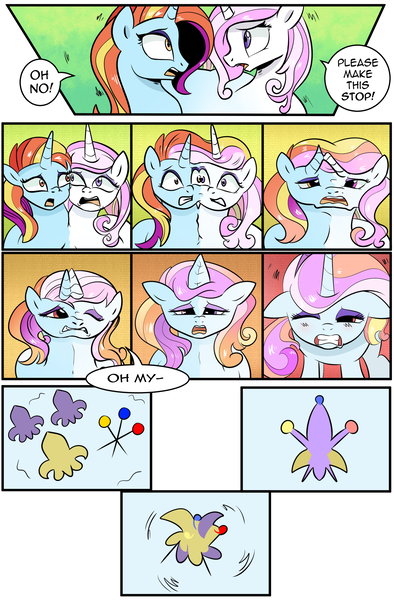 Size: 1800x2740 | Tagged: safe, artist:candyclumsy, author:bigonionbean, derpibooru import, fleur-de-lis, sassy saddles, oc, oc:exquisite attire, pony, unicorn, comic:bad case of sunburn, comic:fusing the fusions, comic, commissioner:bigonionbean, cutie mark, dialogue, forced, fuse, fusion, fusion:exquisite attire, hospital, magic, merge, merging, random pony