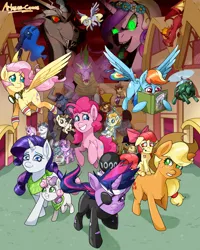 Size: 2000x2500 | Tagged: safe, artist:arteses-canvas, derpibooru import, apple bloom, applejack, cranky doodle donkey, derpy hooves, diamond tiara, discord, fancypants, flam, fleur-de-lis, flim, fluttershy, garble, iron will, pinkie pie, pound cake, princess cadance, princess luna, pumpkin cake, queen chrysalis, rainbow dash, rarity, silver spoon, spike, sweetie belle, tank, twilight sparkle, alicorn, donkey, draconequus, dragon, earth pony, minotaur, pegasus, pony, unicorn, a canterlot wedding, a friend in deed, baby cakes, dragon quest, family appreciation day, hearth's warming eve (episode), hearts and hooves day (episode), hurricane fluttershy, it's about time, lesson zero, luna eclipsed, may the best pet win, mmmystery on the friendship express, ponyville confidential, putting your hoof down, read it and weep, season 2, secret of my excess, sisterhooves social, sweet and elite, the cutie pox, the last roundup, the mysterious mare do well, the return of harmony, the super speedy cider squeezy 6000, baby, baby pony, bandana, book, bow, colt, corrupted, cowboy hat, disguise, disguised changeling, eyepatch, fake cadance, female, filly, flying, foal, future twilight, glowing eyes, goggles, hair bow, hat, hearth's warming eve, long tongue, magic, male, mane seven, mane six, mare, necktie, nose piercing, nose ring, piercing, ponyville, poster, reading, sharp teeth, spikezilla, teeth, telekinesis, tongue out, unicorn twilight, wall of tags