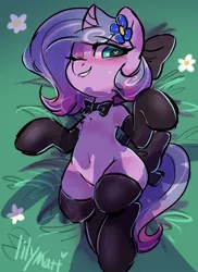Size: 1600x2200 | Tagged: safe, artist:colorfulcolor233, derpibooru import, oc, oc:lily matt, unofficial characters only, semi-anthro, unicorn, black socks, blushing, bow, clothes, female, flower, flower in hair, flower on ear, grass, hair bow, heart eyes, mare, one eye closed, shadow, socks, solo, stockings, tail bow, thigh highs, wingding eyes, wink