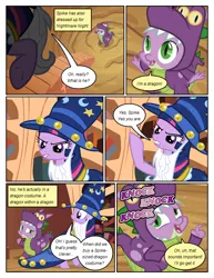 Size: 612x792 | Tagged: safe, artist:newbiespud, derpibooru import, edit, edited screencap, screencap, spike, twilight sparkle, dragon, pony, unicorn, comic:friendship is dragons, luna eclipsed, book, comic, dialogue, dragon costume, female, frown, golden oaks library, knocking, looking up, male, mare, onomatopoeia, raised hoof, screencap comic, shrug, slit eyes, stairs, star swirl the bearded costume, unicorn twilight