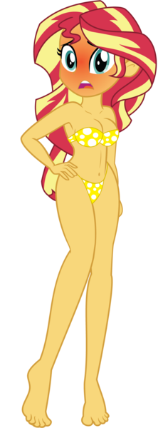 Size: 802x2099 | Tagged: artist needed, suggestive, derpibooru import, sunset shimmer, equestria girls, barefoot, belly button, bikini, blushing, breasts, busty sunset shimmer, clothes, embarrassed, embarrassed body exposure, feet, female, itsy bitsy teenie weenie yellow polkadot bikini, open mouth, polka dot swimsuit, red face, show accurate, simple background, skimpy outfit, solo, solo female, song reference in the description, swimsuit, transparent background, vector, yellow swimsuit