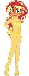 Size: 802x2099 | Tagged: artist needed, suggestive, derpibooru import, sunset shimmer, equestria girls, barefoot, belly button, bikini, blushing, breasts, busty sunset shimmer, clothes, embarrassed, embarrassed body exposure, feet, female, itsy bitsy teenie weenie yellow polkadot bikini, open mouth, polka dot swimsuit, red face, show accurate, simple background, skimpy outfit, solo, solo female, song reference in the description, swimsuit, transparent background, vector, yellow swimsuit