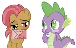 Size: 1034x657 | Tagged: safe, derpibooru import, edit, edited edit, editor:undeadponysoldier, babs seed, spike, dragon, earth pony, pony, babspike, blush sticker, blushing, cute, envelope, female, filly, freckles, hearts and hooves day, love letter, male, mouth hold, shipping, straight