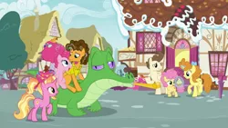 Size: 1920x1080 | Tagged: safe, derpibooru import, screencap, cheese sandwich, gummy, li'l cheese, luster dawn, pinkie pie, pound cake, pumpkin cake, alligator, earth pony, pegasus, pony, unicorn, the last problem, cake twins, cheesepie, cuddling, female, filly, glowing horn, horn, looking at each other, magic, male, mare, older, older gummy, older pound cake, older pumpkin cake, open mouth, party horn, ponies riding gators, pony history, riding, shipping, siblings, stallion, straight, telekinesis, twins