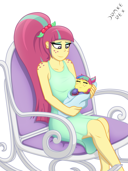 Size: 1500x2000 | Tagged: safe, artist:drake-rex, derpibooru import, sour sweet, oc, oc:citrus flare, equestria girls, baby, clothes, commission, cute, dress, female, freckles, long hair, momma sour sweet, mother, mother and child, mother and daughter, offspring, parent:oc:sparks, parent:sour sweet, parents:canon x oc, parents:sourks, rocking chair, shoulder freckles, sourbetes