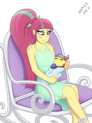 Size: 1500x2000 | Tagged: safe, artist:drake-rex, derpibooru import, sour sweet, oc, oc:citrus flare, equestria girls, baby, clothes, commission, cute, dress, female, freckles, long hair, momma sour sweet, mother, mother and child, mother and daughter, offspring, parent:oc:sparks, parent:sour sweet, parents:canon x oc, parents:sourks, rocking chair, shoulder freckles, sourbetes
