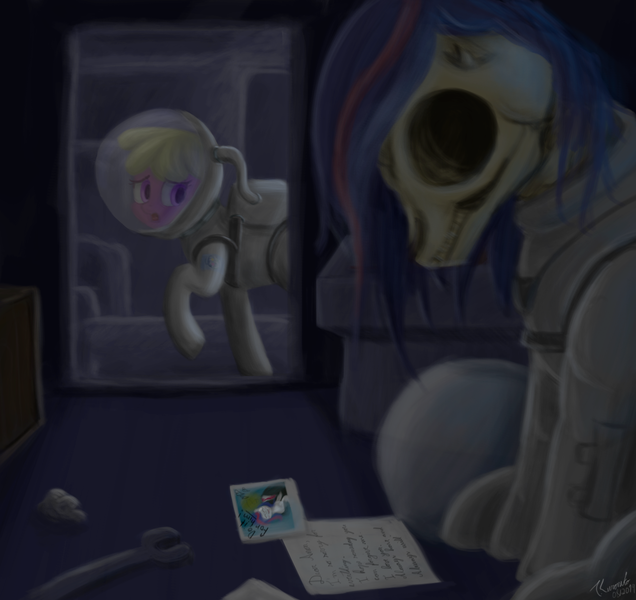 Size: 1540x1452 | Tagged: artist:tkuroneko, astronaut, bone, cherry berry, dead, derpibooru import, drawthread, letter, misleading thumbnail, /mlp/, oc, oc:anon, oc:nasapone, semi-grimdark, skeleton, spacesuit, text