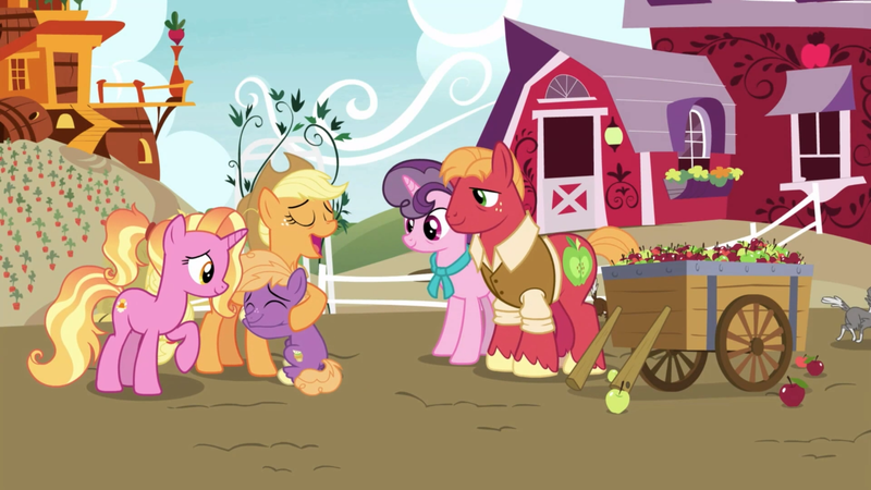 Size: 1920x1080 | Tagged: safe, derpibooru import, screencap, applejack, big macintosh, brandy (g4), cookie (character), fritter (character), little mac, luster dawn, sugar belle, wichita (character), dog, earth pony, pony, unicorn, the last problem, apple, aunt and nephew, colt, cutie mark, eyes closed, female, food, male, mare, older, older big macintosh, older sugar belle, open mouth, stallion, sweet apple acres