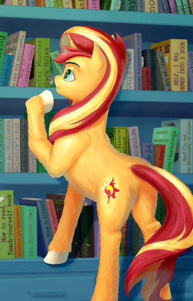 Size: 1221x1896 | Tagged: safe, artist:aterhut, derpibooru import, sunset shimmer, pony, unicorn, book, bookshelf, butt, cute, cutie mark, female, fluffy, library, mare, plot, shimmerbetes, solo