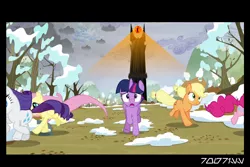 Size: 1288x858 | Tagged: safe, derpibooru import, edit, edited screencap, editor:teren rogriss, screencap, applejack, fluttershy, pinkie pie, rarity, twilight sparkle, twilight sparkle (alicorn), alicorn, earth pony, pegasus, pony, unicorn, tanks for the memories, barad-dûr, crossover, eye of sauron, lord of the rings, outdoors, sauron, tower, weather factory