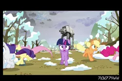 Size: 1288x858 | Tagged: safe, derpibooru import, edit, edited screencap, editor:teren rogriss, screencap, applejack, fluttershy, pinkie pie, rarity, twilight sparkle, twilight sparkle (alicorn), alicorn, earth pony, pegasus, pony, unicorn, tanks for the memories, at-at, crossover, imperial walker, outdoors, star wars, walker, weather factory