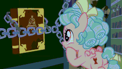 Size: 1280x720 | Tagged: safe, artist:wissle, derpibooru import, edit, edited screencap, screencap, cozy glow, pegasus, pony, the summer sun setback, animated, book, broken, canterlot castle, canterlot castle interior, chains, cozy glow is not amused, cozybuse, death, disintegration, female, filly, gif, i can't believe it's not superedit, library, mare, parody, scene parody, shattered, sound at source, what a twist, youtube link