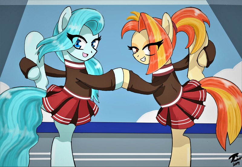 Size: 12400x8600 | Tagged: safe, artist:brekrofmadness, derpibooru import, lighthoof, shimmy shake, pony, 2 4 6 greaaat, absurd resolution, cheerleader, clothes, cute, flexible, grin, looking at you, miniskirt, pleated skirt, ponytail, skirt, skirt lift, smiling