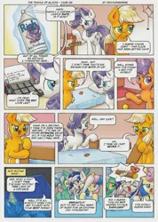 Size: 3495x4895 | Tagged: safe, artist:xeviousgreenii, derpibooru import, applejack, bon bon, lyra heartstrings, rarity, scootaloo, spoiled rich, sweetie drops, oc, oc:lucky stellar, pony, comic:the temple of bloom, bed, chainsaw, chair, comic, log, sleeping, snoring, spider web, tent, the shining, typewriter