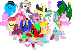 Size: 946x651 | Tagged: safe, artist:angrymetal, derpibooru import, apple bloom, masked matter-horn, pinkie pie, scootaloo, oc, oc:angrymetal, oc:aqua, oc:lost canvas, oc:t.k., oc:thunder breeze, pony, arms in the air, ballerina, ballerinas, ballet, ballet slippers, clothes, en pointe, eyes closed, looking at you, one arm up, one leg up, open mouth, power ponies, simple background, transparent background, tutu, tutus