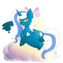 Size: 850x850 | Tagged: safe, artist:bell-cerise, derpibooru import, oc, oc:fleurbelle, alicorn, pony, alicorn oc, bow, cloud, female, hair bow, horn, mare, sun ray, wings, yellow eyes