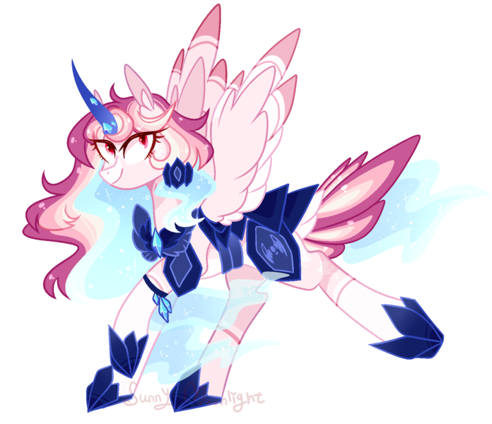 Size: 1701x1467 | Tagged: safe, artist:manella-art, derpibooru import, oc, oc:sunny moonlight, unofficial characters only, alicorn, pony, alicorn oc, armor, colored wings, colored wingtips, ethereal mane, female, horn, looking at you, magical lesbian spawn, mare, offspring, outline, parent:rainbow dash, parent:twilight sparkle, parents:twidash, simple background, socks (coat marking), solo, spread wings, starry mane, tail feathers, transparent background, wings