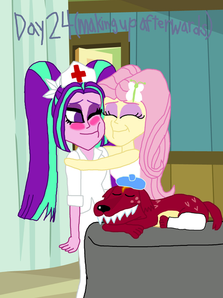 Size: 2000x2664 | Tagged: safe, artist:bigpurplemuppet99, derpibooru import, aria blaze, fluttershy, garble, dog, equestria girls, 30 day otp challenge, ariashy, female, flutterblaze, garble the dog, hospital, leg cast, lesbian, nurse, shipping