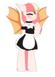 Size: 2507x3541 | Tagged: safe, artist:xcinnamon-twistx, derpibooru import, oc, oc:peachy pop, bat pony, pony, :t, apron, bat pony oc, bat wings, blushing, bow, choker, clothes, collar, cute, eye clipping through hair, freckles, heart eyes, heart mark, maid, one eye closed, plate, tsundere, wingding eyes, wings, wink