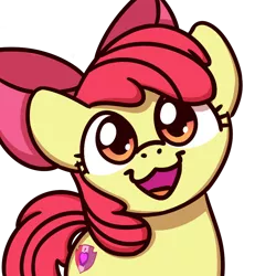 Size: 1000x1000 | Tagged: safe, artist:sugar morning, derpibooru import, part of a set, apple bloom, earth pony, pony, adorabloom, backwards cutie mark, bust, cat face, cat smile, cute, female, filly, looking at you, open mouth, simple background, smiling, solo, sugar morning's smiling ponies, transparent background